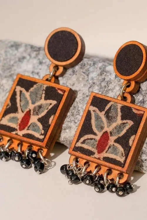 WHE Black Ajrakh Hand Block Printed Repurposed Fabric And Wood Earrings