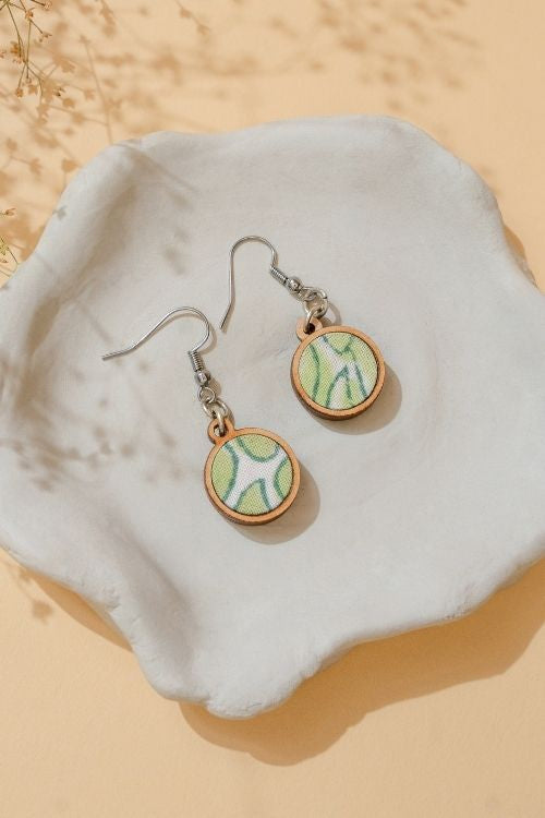 WHE Green Repurposed Fabric And Wood Round Danglers
