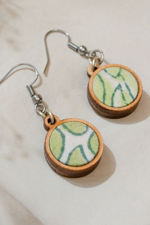 WHE Green Repurposed Fabric And Wood Round Danglers