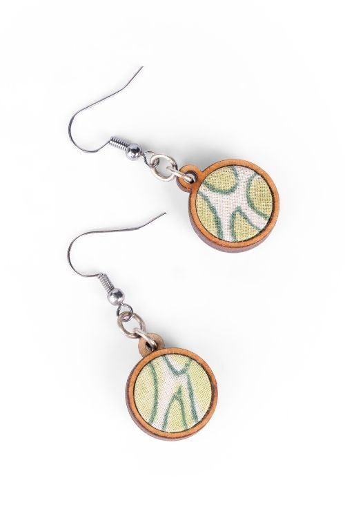 WHE Green Repurposed Fabric And Wood Round Danglers