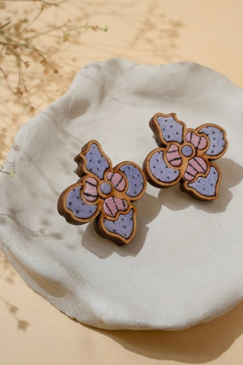 WHE Purple Bloom Repurposed Fabric And Wood Flower Studs