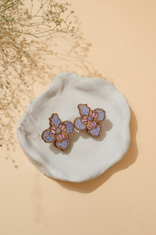 WHE Purple Bloom Repurposed Fabric And Wood Flower Studs