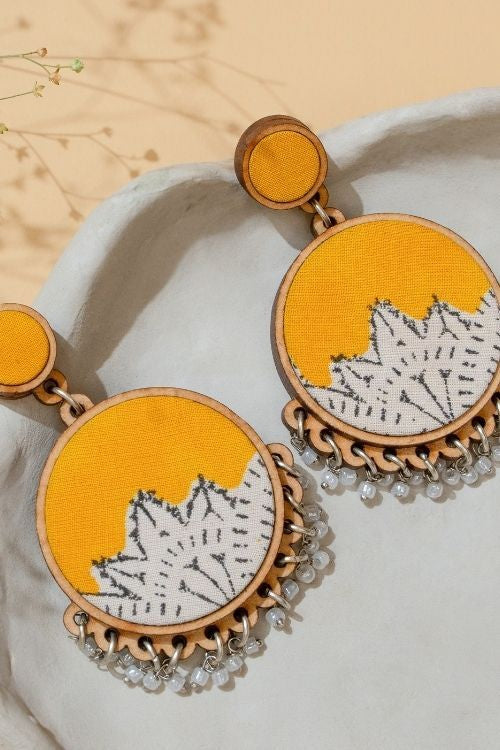 WHE Yellow Fabric And Repurposed Wood Round Danglers