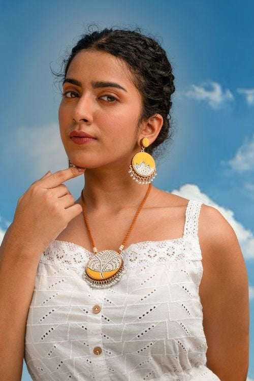 WHE Yellow Fabric And Repurposed Wood Round Danglers