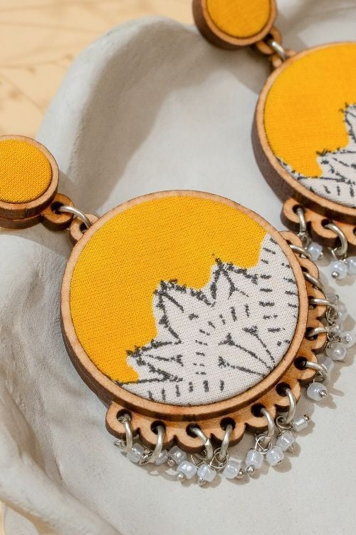 WHE Yellow Fabric And Repurposed Wood Round Danglers