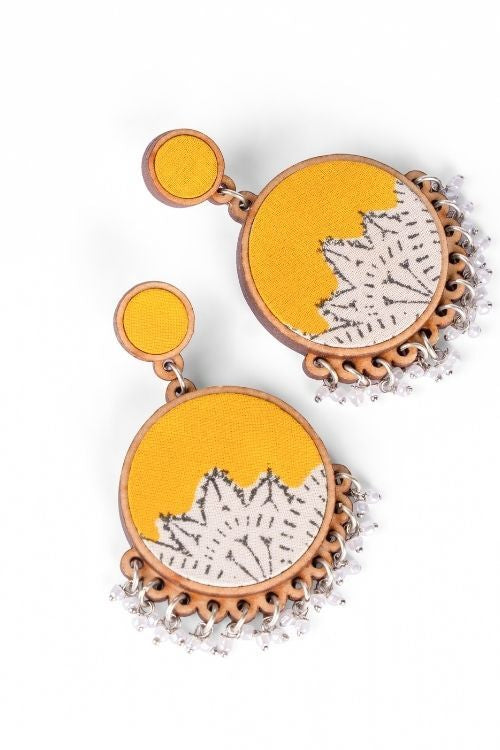 WHE Yellow Fabric And Repurposed Wood Round Danglers