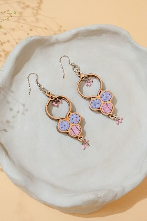 WHE Floral Purple Repurposed Fabric And Wood Round Danglers