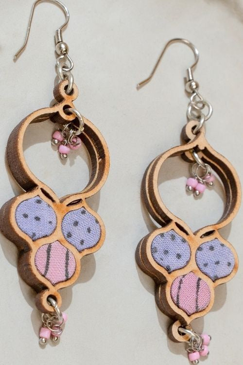 WHE Floral Purple Repurposed Fabric And Wood Round Danglers