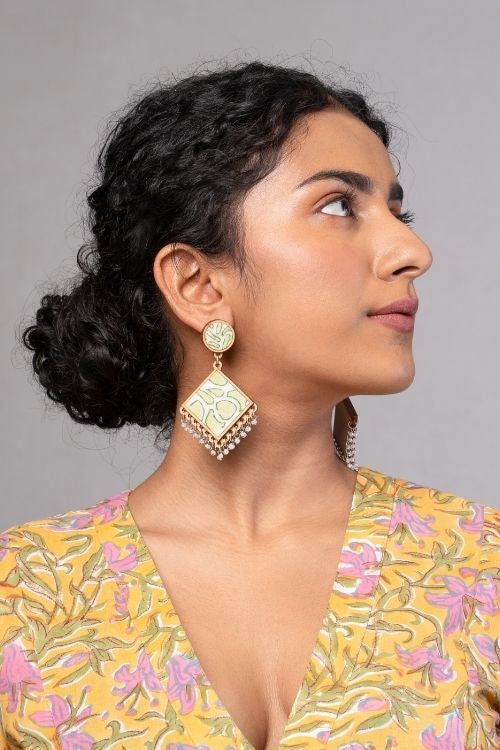 WHE Green Repurposed Fabric And Wood Diamond Earrings