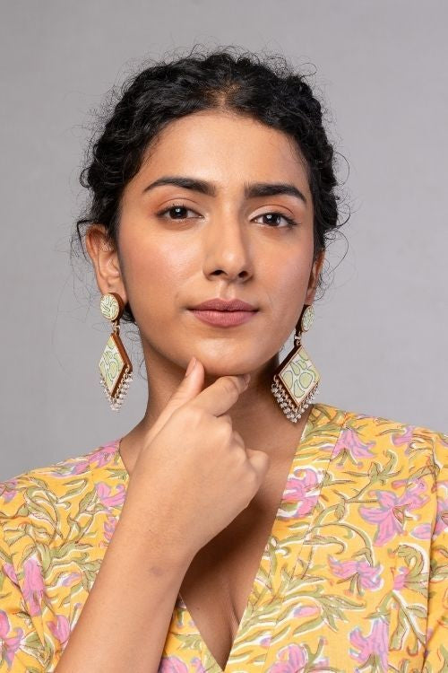 WHE Green Repurposed Fabric And Wood Diamond Earrings