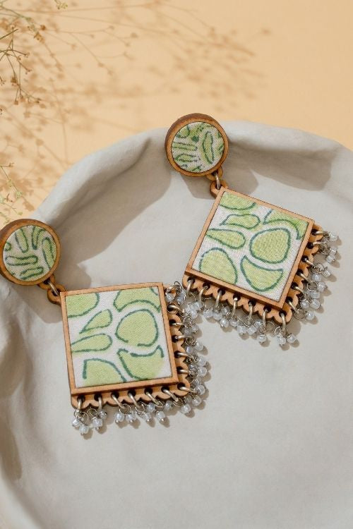 WHE Green Repurposed Fabric And Wood Diamond Earrings