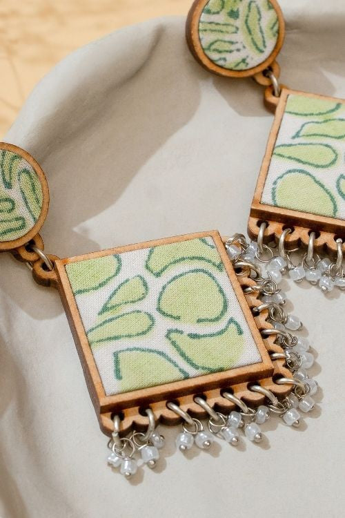 WHE Green Repurposed Fabric And Wood Diamond Earrings