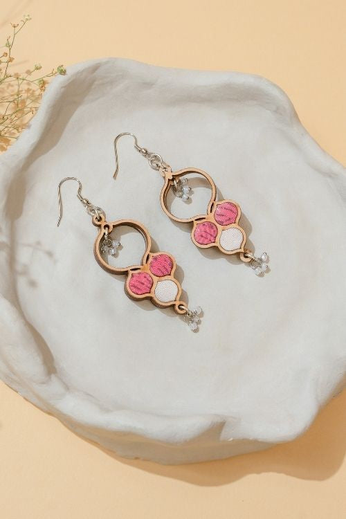 WHE Pink And White Repurposed Fabric And Wood Danglers