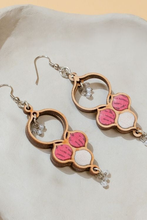 WHE Pink And White Repurposed Fabric And Wood Danglers