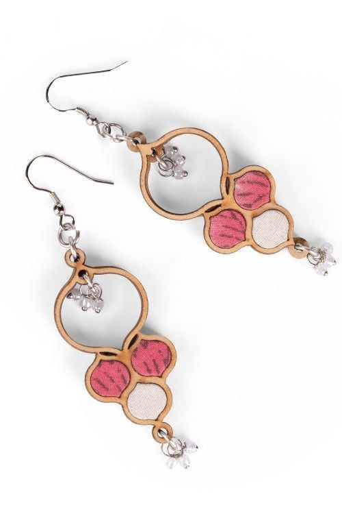 WHE Pink And White Repurposed Fabric And Wood Danglers