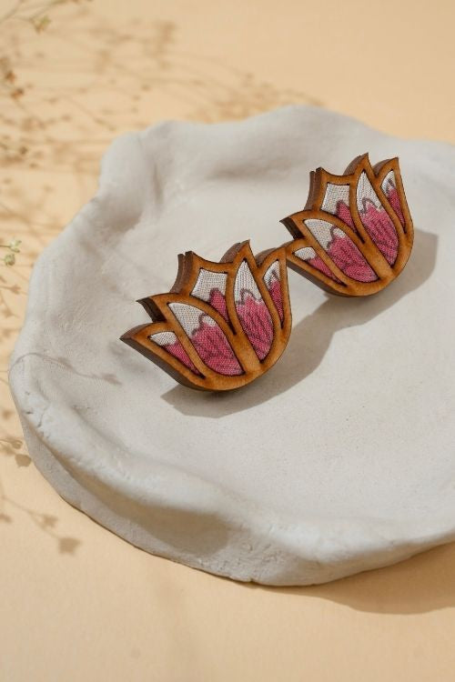 WHE Pink Bloom Lotus Repurposed Fabric And Wood Earrings