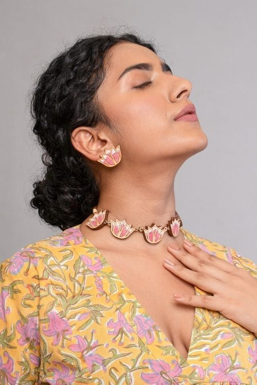 WHE Pink Bloom Lotus Repurposed Fabric And Wood Earrings