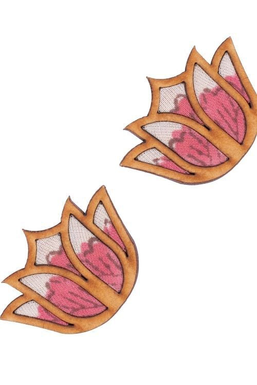 WHE Pink Bloom Lotus Repurposed Fabric And Wood Earrings