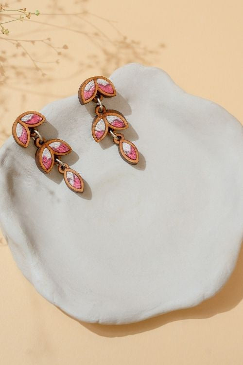 WHE Pink White Bloom Repurposed Fabric And Wood Leaf Dangler