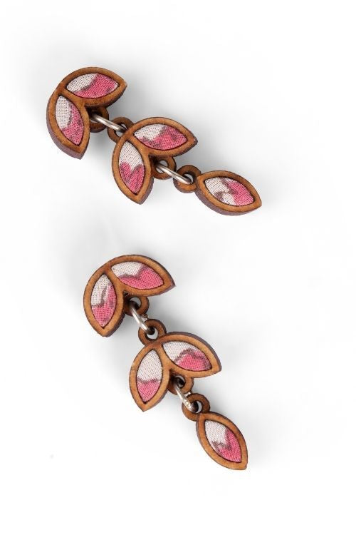 WHE Pink White Bloom Repurposed Fabric And Wood Leaf Dangler