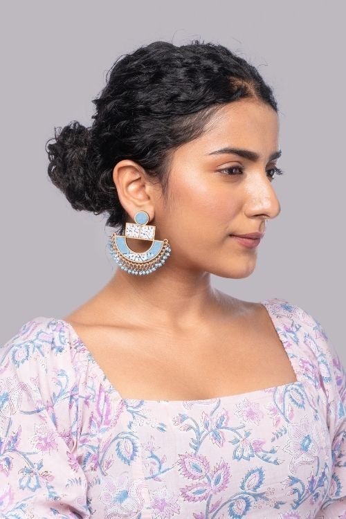 WHE Blue Repurposed Fabric And Wood Statement Earrings