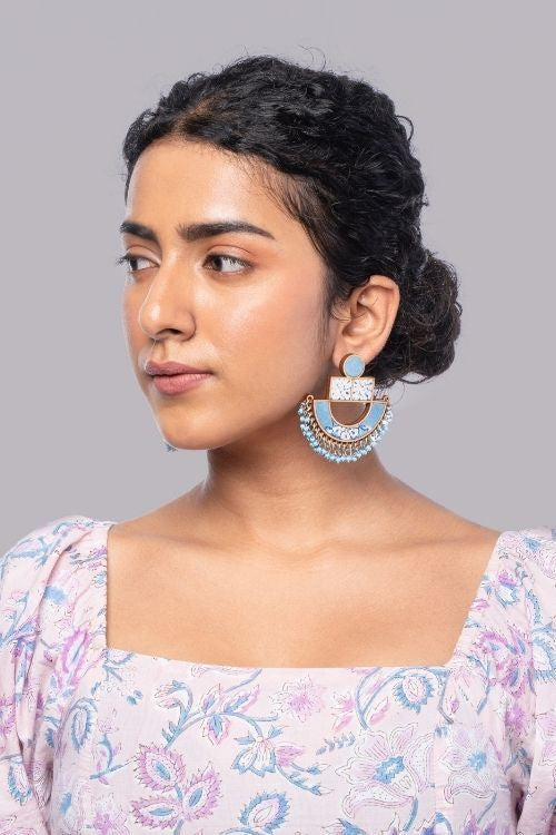 WHE Blue Repurposed Fabric And Wood Statement Earrings