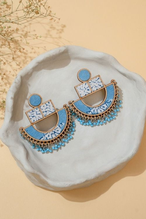 WHE Blue Repurposed Fabric And Wood Statement Earrings