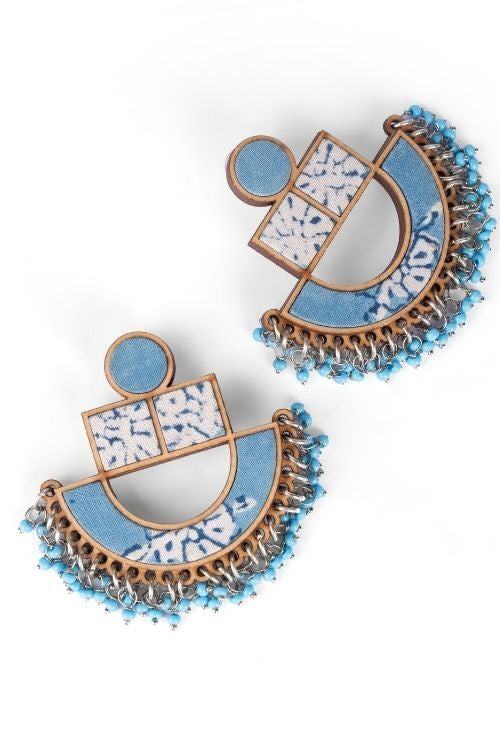 WHE Blue Repurposed Fabric And Wood Statement Earrings