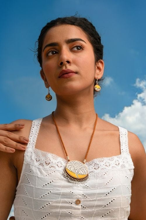 WHE Yellow Repurposed Fabric And Wood Danglers