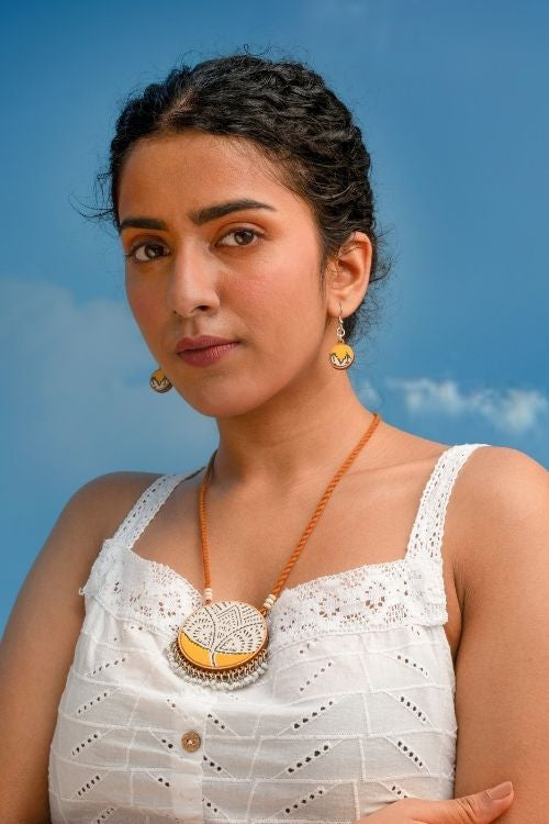 WHE Yellow Repurposed Fabric And Wood Danglers