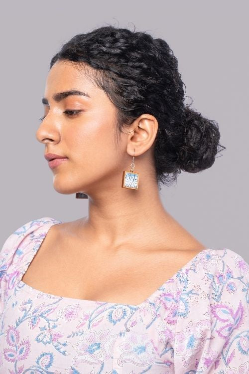 WHE Blue Repurposed Fabric And Wood Square Earrings