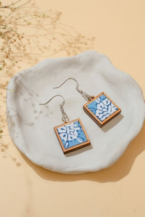 WHE Blue Repurposed Fabric And Wood Square Earrings