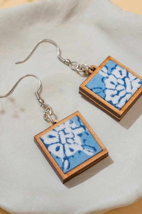 WHE Blue Repurposed Fabric And Wood Square Earrings