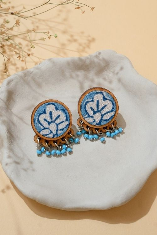 WHE Blue Repurposed Fabric And Wood Round Studs