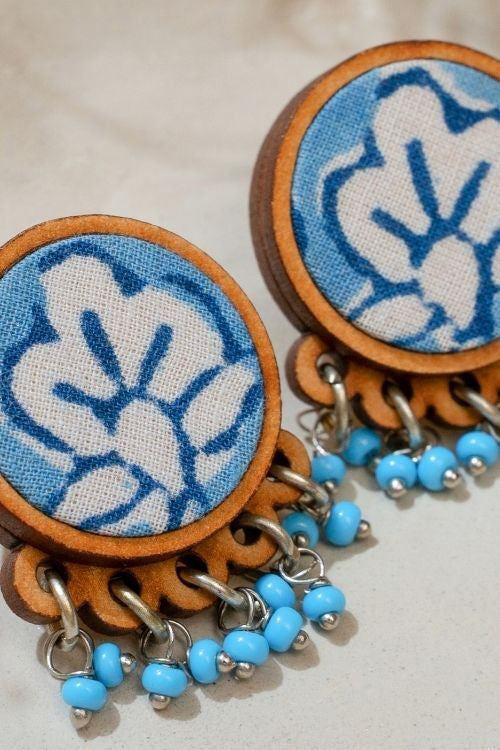 WHE Blue Repurposed Fabric And Wood Round Studs