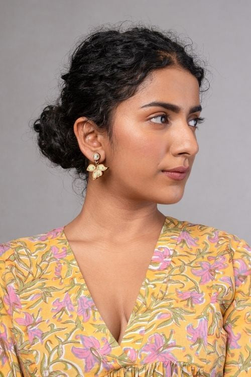 WHE Green Bloom Repurposed Fabric And Wood Leaf Earrings