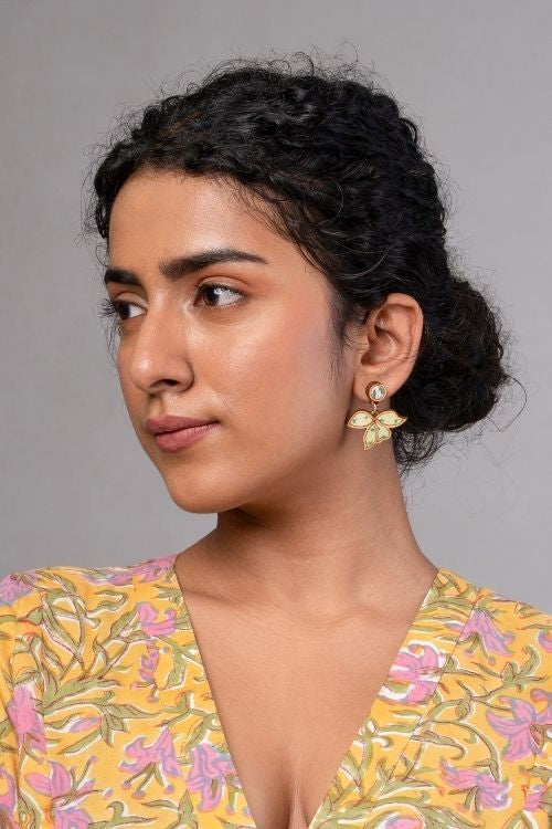 WHE Green Bloom Repurposed Fabric And Wood Leaf Earrings