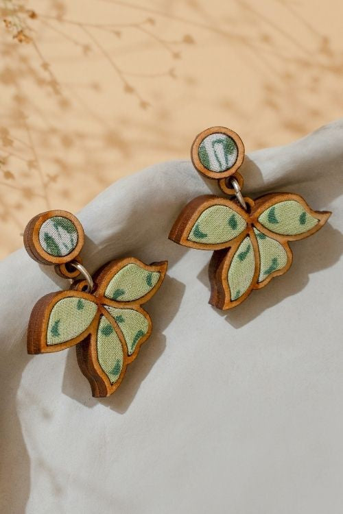 WHE Green Bloom Repurposed Fabric And Wood Leaf Earrings