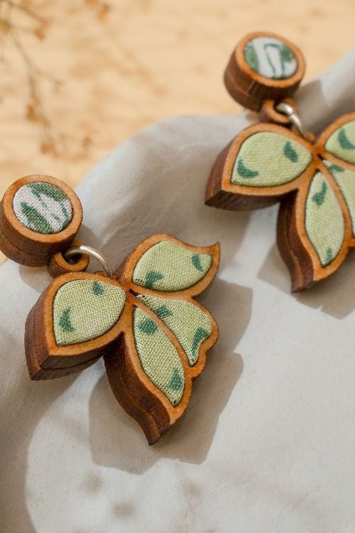 WHE Green Bloom Repurposed Fabric And Wood Leaf Earrings