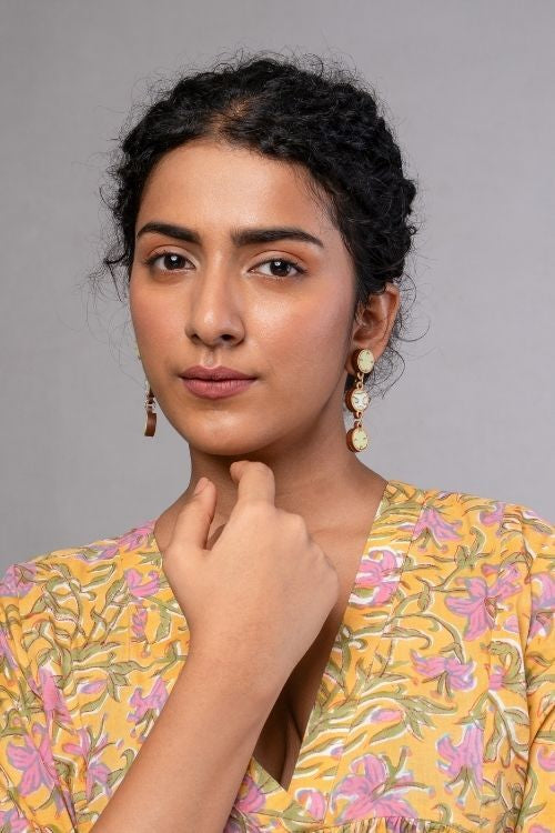 WHE Green Repurposed Fabric And Wood Connecting Round Earrings