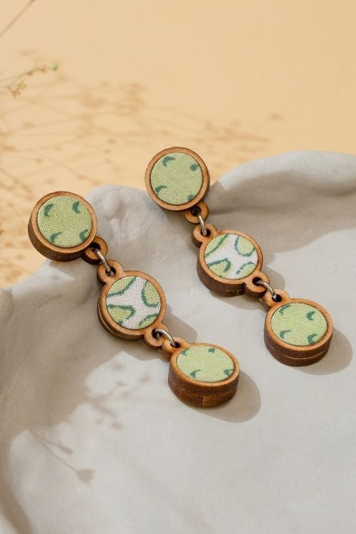 WHE Green Repurposed Fabric And Wood Connecting Round Earrings