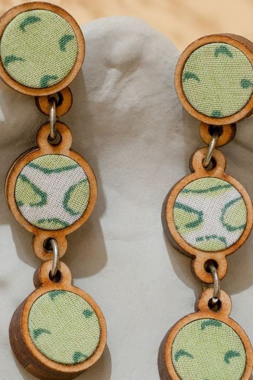 WHE Green Repurposed Fabric And Wood Connecting Round Earrings