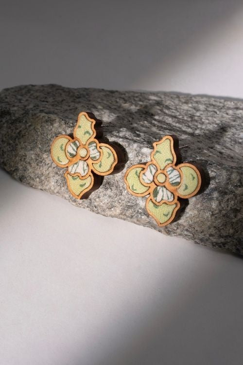 WHE Green Repurposed Fabric And  Wood Flower Stud
