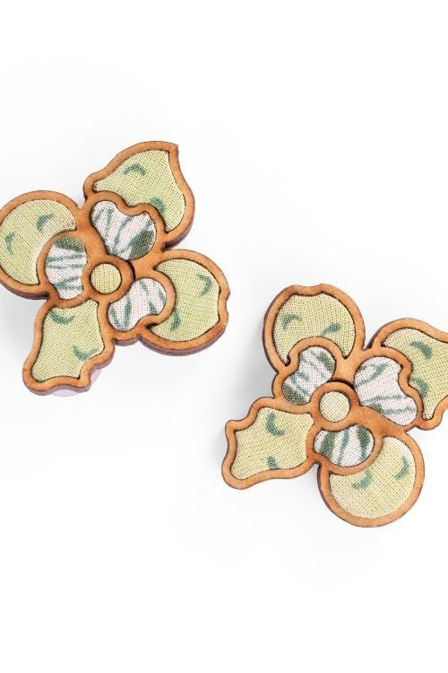 WHE Green Repurposed Fabric And  Wood Flower Stud