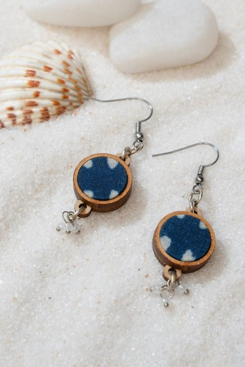 WHE Indigo Blue Fabric And Repurposed Wood Danglers