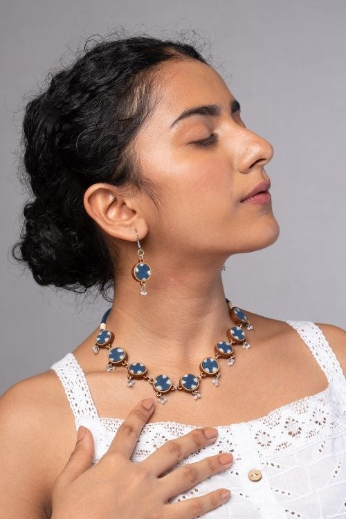 WHE Indigo Blue Fabric And Repurposed Wood Danglers
