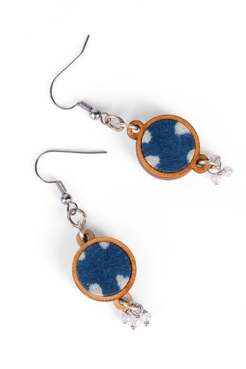 WHE Indigo Blue Fabric And Repurposed Wood Danglers