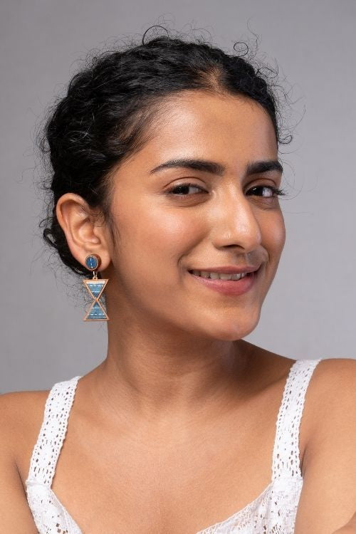 WHE Shades Of Indigo Blue Warli Inspired Repurposed Fabric And Wood Earrings