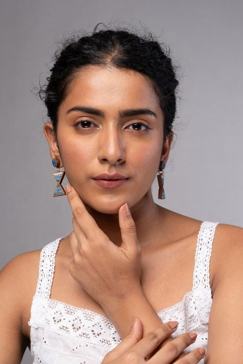 WHE Shades Of Indigo Blue Warli Inspired Repurposed Fabric And Wood Earrings