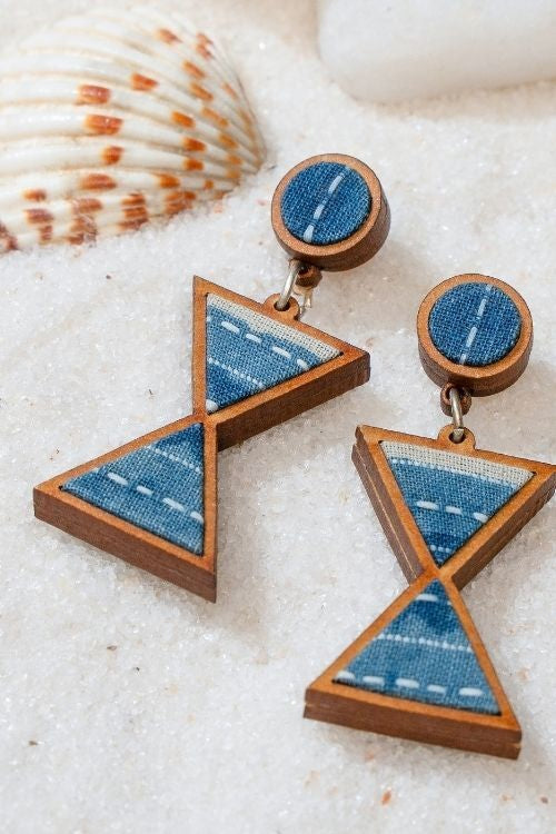 WHE Shades Of Indigo Blue Warli Inspired Repurposed Fabric And Wood Earrings